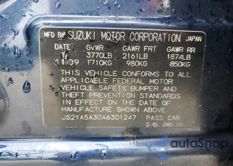 2010 Suzuki Sx4 z USA, uszkodzony, nr VIN JS2YA5A30A6301247